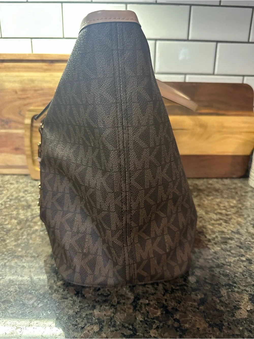 Michael Kors Brown Large Monogram Tote with Tan Trim